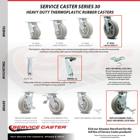 Service Caster 8 Inch Thermoplastic Rubber Caster Set with Roller Bearing 4 Swivel Lock 2 Brake SCC-30CS820-TPRRF-TLB-BSL-2-BSL-2